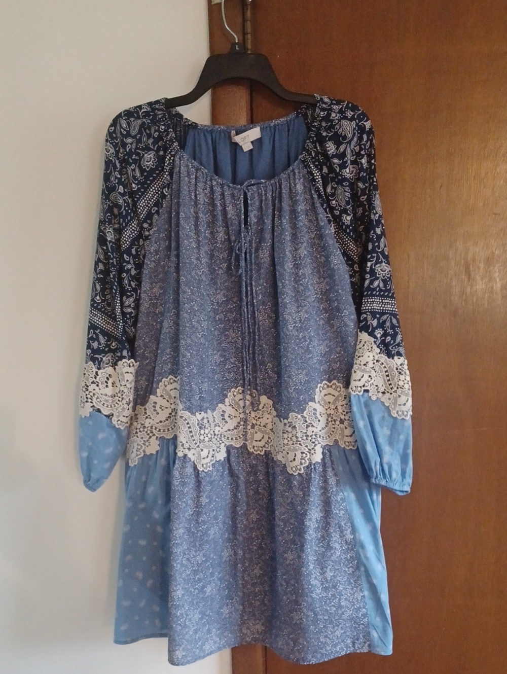 LOFT Blue Patchwork Lace-Trim Long Sleeve Dress Size Large